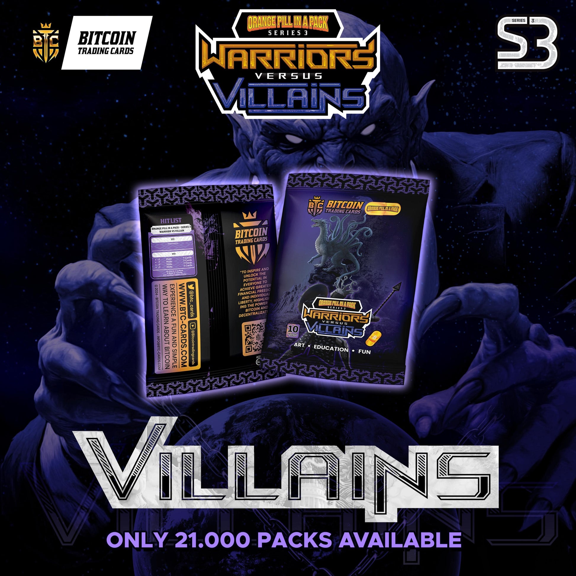 Bitcoin Trading Cards – Series 3 ‘Warriors vs Villains’ Villains poster: purple Hydra pack and wrapper, cosmic background, ‘only 21,000 packs’ text.